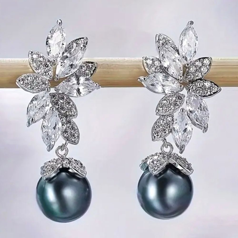 Faux Grey Pearl Diamond Earrings